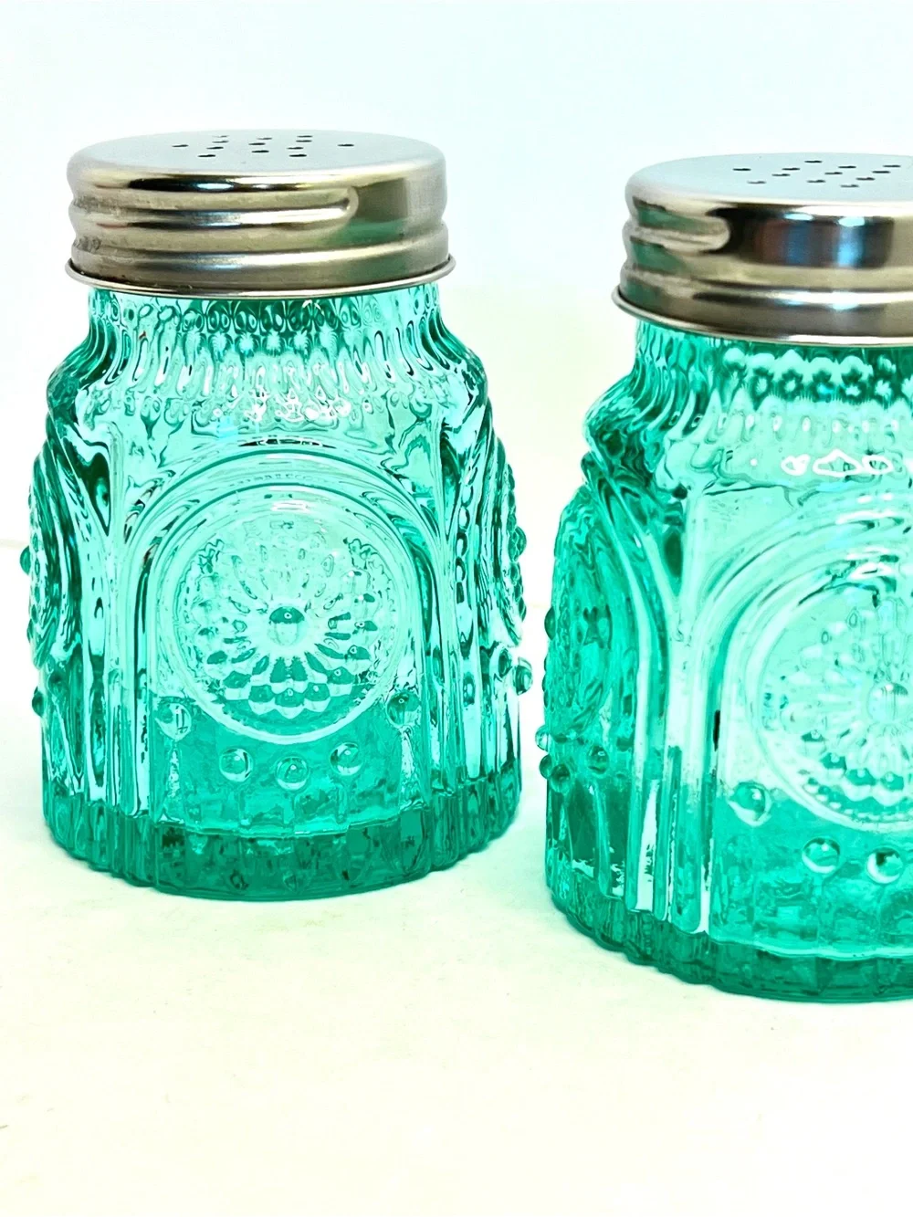 Pioneer Woman Adeline Teal Glass Salt and Pepper Shaker Set Turquoise Embossed